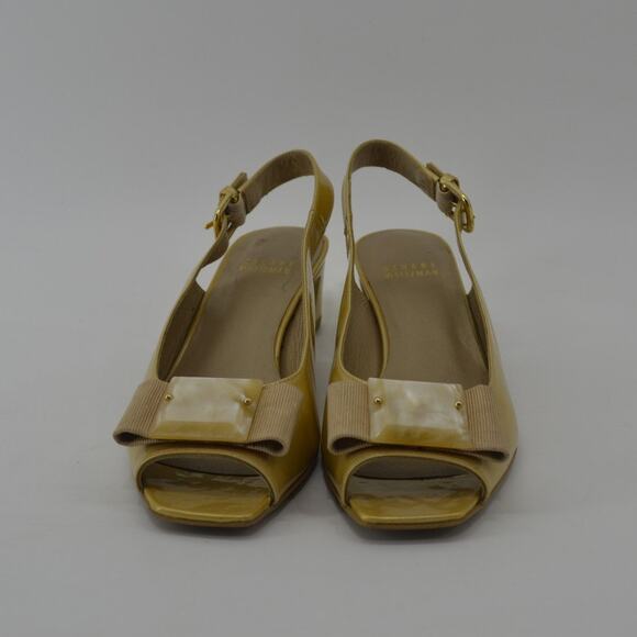 Stuart Weitzman Gold Patent Leather Block Heel Bow Size 6.5 - Picture 6 of 12